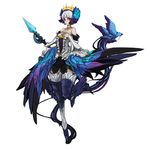  armor armored_dress bare_shoulders bataunco bird detached_sleeves dress feathers full_body gwendolyn hair_ornament hand_on_own_chest multicolored multicolored_wings odin_sphere polearm solo standing standing_on_one_leg strapless strapless_dress tiara valkyrie weapon white_background white_hair wings 