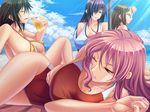  4girls alcohol aoi_nagisa_(artist) bare_shoulders beach beer beer_mug bikini black_hair breasts brown_hair cleavage cloud clouds eyes_closed game_cg glasses houjou_miyoko kitada_yuriko kozue_nanba large_breasts long_hair lying multiple_girls nail_polish okaa-san_ga_ippai outdoors pink_hair purple_hair sitting sky sunlight swimsuit uehara_yoshino water 