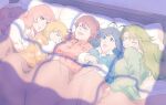  1boy 4girls absurdres antenna_hair bambietta_basterbine bed bleach bleach:_sennen_kessen-hen blonde_hair blue_eyes blue_hair breasts brown_hair candice_catnipp commentary_request curly_hair giselle_gewelle green_hair green_pajamas highres large_breasts liltotto_lamperd long_hair m1gm1gmagnesium medium_breasts meninas_mcallon multiple_girls pajamas pillow pink_eyes pink_hair pink_pajamas shared_bed shared_blanket short_hair sleeping sleepover stuffed_toy trap 