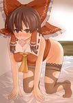  all_fours ascot bed blush bottomless bow breasts brown_eyes brown_hair cleavage condom condom_in_mouth hair_bow hair_tubes hakurei_reimu long_hair medium_breasts mouth_hold solo thighhighs touhou zetsumame 