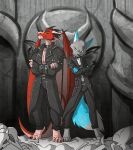 2019 2_horns anthro biped black_bottomwear black_clothing black_coat black_nose black_pants black_topwear blue_markings bottomwear canid canine canis claws clothed clothing coat countershade_face countershade_fur countershade_scales countershade_torso countershading crossed_arms digitigrade dipstick_ears dipstick_tail dragon duo ear_frill ear_markings european_mythology fangs fenerus_(diel4) frill_(anatomy) fuf fur gloves_(marking) green_body green_fur green_markings head_tuft hi_res horn leather leather_bottomwear leather_clothing leather_pants looking_at_viewer male mammal markings multicolored_body multicolored_ears mythological_creature mythological_scalie mythology pants pose red_body red_scales scales scalie spiked_clothing spikes tail tail_markings tan_body tan_countershading tan_scales teeth toe_claws topwear tuft two_tone_body western_dragon white_body white_countershading white_fur wolf