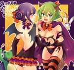  2girls animal_ears aquarion_(series) aquarion_evol bat_wings blue_eyes bow breasts candy cape cleavage fang food frilled_skirt frills green_eyes green_hair hair_bun halloween happy_halloween lollipop medium_breasts mikono_suzushiro multiple_girls panties purple_hair ribbon shishina short_hair shush_(aquarion_evol) skirt star striped striped_legwear tail tama_(aquarion) thighhighs underwear wand wings zessica_wong 