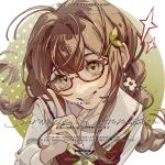  braid brown_hair glasses hands_up head_tilt highres jacket red_jacket school_uniform serafuku sunokou twin_braids xiabai yellow_eyes 