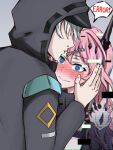  1boy 1girl arknights black_horns black_jacket blue_eyes blush commentary doctor_(arknights) english_commentary error_message heart heart-shaped_pupils highres hologram hood hooded_jacket horns jacket kiss long_hair male_doctor_(arknights) pink_hair selverna symbol-shaped_pupils theresa_(arknights) upper_body white_hair 