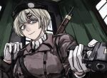  1girl aiming ascot axis_powers_hetalia belt beret black_belt black_hat blonde_hair blue_eyes breasts brown_coat buttons closed_mouth coat day gloves gun hair_between_eyes hair_ornament handgun hands_up hat highres holding holding_gun holding_weapon indoors jacket kiguchi05 lapels large_breasts long_sleeves looking_at_viewer military military_hat military_jacket military_uniform rifle shirt short_hair sky smile sniper_rifle solo ukraine_(hetalia) upper_body weapon weapon_on_back white_ascot white_gloves white_shirt white_sky window x_hair_ornament 