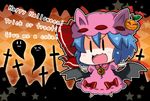  &gt;_&lt; :3 animal_ears argyle argyle_background bat_wings blue_hair bow chibi closed_eyes cross english food_themed_hair_ornament ghost graveyard hair_ornament halloween happy_halloween hat hat_with_ears kemonomimi_mode noai_nioshi pumpkin pumpkin_hair_ornament remilia_scarlet ribbon solo star touhou trick_or_treat v-shaped_eyebrows wings x3 |_| 