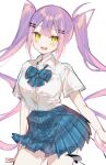  1girl :d aimi_(mimi_nii2) arms_at_sides bare_arms black_tail blue_bow blue_bowtie blue_skirt blush bow bowtie breasts center-flap_bangs collared_shirt contrapposto cowboy_shot demon_tail double-parted_bangs fang green_eyes hair_between_eyes hair_ornament hashtag-only_commentary highres hololive hololive_english long_hair looking_at_viewer miniskirt open_mouth pale_skin pink_hair plaid_bow plaid_bowtie plaid_clothes plaid_skirt pleated_skirt ringlets school_uniform shirt shirt_tucked_in short_sleeves sidelocks simple_background skin_fang skirt small_breasts smile solo standing tail tokoyami_towa tongue twintails very_long_hair virtual_youtuber white_background white_shirt 