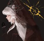  1girl absurdres behind_prayers_(infinity_nikki) black_background black_dress black_gloves black_veil chinese_commentary closed_eyes closed_mouth commentary_request crest dress duifangzhengzaishuru82069 eyeshadow from_side gloves grey_eyeshadow highres infinity_nikki jewelry lace-trimmed_sleeves lace-trimmed_veil lace_trim layered_sleeves lips long_hair long_sidelocks long_sleeves makeup multiple_rings nikki_(series) official_alternate_color pointy_nose praying procreate_(medium) ring ring_on_every_finger short_over_long_sleeves short_sleeves sidelocks simple_background solo tiara unfinished upper_body veil wavy_hair white_hair 