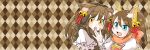  2girls animal_ears arch_bishop_(ragnarok_online) bell blue_eyes blush brown_hair checkered_background commentary_request dress fang fox_ears fox_girl frilled_dress frills hair_bell hair_ornament hair_ribbon high_ponytail jingle_bell long_hair looking_at_viewer multiple_girls oekakipikki official_alternate_costume oirat open_mouth ponytail ragnarok_online red_dress red_ribbon ribbon skin_fang smile upper_body white_dress yellow_eyes 