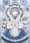  1girl absurdres apron blue_eyes blue_flower blue_headdress blue_nails blue_skirt blush closed_mouth collared_shirt commentary_request cowboy_shot double_bun fingernails flower frilled_apron frilled_skirt frills grey_hair hair_bun hair_flower hair_ornament hands_up highres holding holding_flower lolita_fashion long_sleeves looking_at_viewer maid maid_apron maid_headdress medium_hair mirror nail_polish original paruno plate puffy_long_sleeves puffy_sleeves shirt sidelocks skirt smile solo standing tassel tassel_hair_ornament vase watermark white_apron white_flower white_shirt 