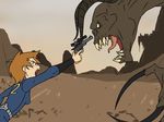  _thelivingmachine02 brown_hair deathclaw fallout female friendship_is_magic gun hair human littlepip my_little_pony ranged_weapon revolver weapon 