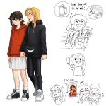  2girls black_hoodie black_pantyhose black_shoes blonde_hair blush character_request commentary full_body gmeg011 highres hood hood_down hoodie koishikawa_iko long_hair long_sleeves momijiyama_teru multiple_girls multiple_views pantyhose ponytail red_hoodie scar scar_across_eyebrow scar_on_face shoes shy_(series) skirt smile sneakers standing symbol-only_commentary translation_request white_shoes white_skirt 