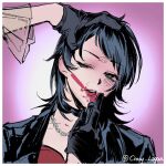  2girls applying_lipstick applying_makeup bang_dream! bang_dream!_it's_mygo!!!!! black_choker black_gloves black_hair blue_eyes border chinese_commentary choker commentary_request cracy_logan dual_persona gloves highres jewelry lipstick makeup multiple_girls necklace open_mouth smeared_lipstick teeth timoris_(bang_dream!) upper_body upper_teeth_only white_border yahata_umiri 