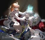  1boy 1girl ahoge black_gloves blue_crown chaldea_logo cloak command_spell crown fate/grand_order fate_(series) flower fujimaru_ritsuka_(female) fujimaru_ritsuka_(female)_(decisive_battle_chaldea_uniform) gloves grand_servant_(fate/grand_order) hanako_(onikutabetaiyo) highres holding holding_crown jacket long_hair medium_hair merlin_(fate) open_mouth orange_hair pointed_crown purple_eyes putting_on_headwear robe smile white_hair white_jacket white_robe 