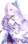  1girl closed_mouth dress genshin_impact hair_between_eyes hair_ornament highres long_hair purple_eyes simple_background skirk_(genshin_impact) urachi very_long_hair white_background white_dress white_hair 