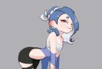  1girl bent_over black_pants blue_hair blue_shawl cephalopod_eyes chest_sarashi closed_mouth commentary_request earrings grey_background hairband jewelry long_hair looking_at_viewer multiple_earrings octoling pants red_eyes sarashi shawl shiver_(deep_cut_outfit)_(splatoon) shiver_(splatoon) short_eyebrows simple_background smile solo somakusha splatoon_(series) splatoon_3 tentacle_hair thick_eyebrows tooth_earrings torn_clothes torn_pants watermark white_hairband 