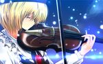  blonde_hair bow_(instrument) brooch closed_eyes hat highres instrument jewelry lights long_sleeves lunasa_prismriver music nekominase playing_instrument shirt short_hair solo touhou upper_body vest violin 