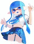  1girl arms_up blue_eyes blue_hair blue_neckerchief blue_pupils blue_sailor_collar blue_skirt fangs highres inkling inkling_girl inkling_player_character kodak_painter long_hair midriff navel neckerchief open_mouth panties pantyshot pleated_skirt pointy_ears sailor_collar sailor_shirt shirt simple_background skirt solo splatoon_(series) splatoon_3 standing sweatdrop tentacle_hair underwear very_long_hair white_background white_panties white_shirt 