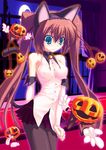  animal_ears bare_shoulders bell blue_eyes blush breasts brown_background cat_ears crescent_moon cross curtains detached_sleeves disembodied_limb fake_animal_ears gloves jack-o'-lantern kokonobi long_hair medium_breasts moon original pantyhose pumpkin shirt skirt sleeveless sleeveless_shirt solo twintails very_long_hair white_gloves 