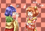  apron bell bespectacled blue_hair blush character_name checkered checkered_background closed_eyes clothes_writing crossed_arms eyewear_removed flower glasses hair_bell hair_flower hair_ornament hieda_no_akyuu japanese_clothes kimono long_sleeves motoori_kosuzu multiple_girls open_mouth red_hair short_hair smile squiggle sweatdrop touhou twintails wide_sleeves yafu 