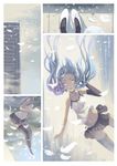  albino_(vocaloid) aqua_eyes aqua_hair bow building check_translation chemise comic elbow_gloves falling feathers gloves hair_ribbon hatsune_miku long_hair madyy navel open_mouth ribbon single_elbow_glove single_glove skirt sky solo thighhighs translation_request twintails vocaloid zettai_ryouiki 