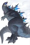  claws commentary full_body giant giant_monster godzilla godzilla_(series) highres kaiju kamitoge_supino monster monster_focus no_humans open_mouth scales sharp_teeth simple_background smoke smoke_trail solo spines standing tail teeth white_background 