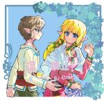  1boy 1girl bangle belt blonde_hair blue_background blue_eyes blunt_bangs bracelet breasts closed_mouth dress earrings green_ribbon grey_pants guzhi_annai hair_ribbon highres jewelry light_blush link long_hair long_sleeves looking_at_another medium_breasts pants pink_dress pink_ribbon pointy_ears princess_zelda red_belt ribbon shawl shirt short_hair sidelocks smile the_legend_of_zelda the_legend_of_zelda:_skyward_sword upper_body walking white_shawl white_shirt 