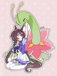  1girl animal_ears antennae blush bow bowtie braid breasts brown_hair closed_eyes closed_mouth collarbone flower flower-shaped_pupils flower_in_eye hair_between_eyes highres horse_ears horse_girl horse_tail long_braid long_hair meganium open_mouth pink_eyes pleated_skirt pokemon pokemon_(creature) puffy_short_sleeves puffy_sleeves purple_bow purple_bowtie purple_shirt sailor_collar sailor_shirt sakura_chitose_o_(umamusume) saramiao-chan school_uniform shirt short_sleeves skirt smile symbol-shaped_pupils symbol_in_eye tail thighhighs tracen_school_uniform umamusume white_sailor_collar white_skirt white_thighhighs 