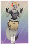 2019 2:3 anthro biped black_clothing black_markings black_nose black_shirt black_topwear blonde_highlights blue_eyeshadow blue_highlights bottomwear breasts brown_body brown_fur claws cleavage clothed clothing collar devil_horns_(gesture) digitigrade dipstick_tail eyeshadow female front_view fuf fur gesture gloves_(marking) green_bottomwear green_clothing green_shorts hair half-closed_eyes hand_gesture hi_res highlights_(coloring) leg_markings looking_at_viewer makeup mammal markings medium_breasts mustelid narrowed_eyes open_mouth otter red_highlights shirt short_hair shorts simple_background skull_accessory socks_(marking) solo spiked_collar spikes standing tail tail_markings tan_hair teeth toe_claws tongue tongue_out topwear white_markings