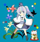  blue_background cat flower grey_eyes hat highres japanese_clothes kariginu lily_(flower) maneki-neko mononobe_no_futo nosada pinwheel ponytail ribbon short_hair silver_hair skirt smile solo touhou wide_sleeves 