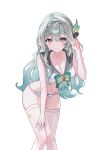 1girl adapted_costume aqua_hair breasts cleavage closed_mouth commentary dalmyang english_commentary firefly_(honkai:_star_rail) firefly_(spring_missive)_(honkai:_star_rail) gradient_hair grey_hair hair_ornament hand_on_own_knee hand_up highres honkai:_star_rail honkai_(series) leaning_forward multicolored_eyes multicolored_hair navel panties sailor_collar shirt simple_background sleeveless smile solo stomach thighhighs underwear v white_background white_panties white_shirt white_thighhighs 