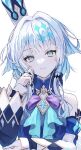  1girl absurdres ameshi0227 backlighting bare_shoulders blue_eyes blue_hair blue_shirt blunt_bangs blunt_ends bow bowtie bright_pupils brooch buttons cerydra_(honkai:_star_rail) chromatic_aberration closed_mouth collared_shirt commentary_request crown detached_sleeves diamond-shaped_pupils diamond_(shape) expressionless gradient_hair hair_intakes hand_on_own_cheek hand_on_own_elbow hand_on_own_face hand_up hat head_tilt highres honkai:_star_rail honkai_(series) jewelry layered_sleeves light_frown long_sleeves looking_at_viewer mini_crown multicolored_hair pale_skin purple_bow purple_bowtie ring shirt short_hair_with_long_locks sidelocks simple_background sleeveless sleeveless_shirt solo sparkle straight-on symbol-shaped_pupils tsurime twitter_username two-tone_hair upper_body white_background white_hair white_hat white_pupils white_sleeves 