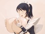  1girl areolae black_hair breasts erect_nipples eyes_closed female huge_breasts koboshi_no_niwa lactation maid_cap milk milking nipple_tweak nipples open_mouth short_hair smile solo 