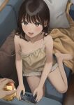  1girl 1other :d barefoot brown_eyes brown_hair camisole cellphone commentary_request from_above highres holding holding_phone looking_at_viewer open_mouth original phone pov pov_hands shorts smartphone smile solo_focus spaghetti_strap strap_slip tongue yellow_camisole yellow_shorts yukishima_momo 