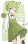  1girl ;d animal_ears blush border bow bowtie brown_eyes buttons collared_shirt commentary_request cowboy_shot double-parted_bangs dress edamame green_background green_dress green_hair green_shoes hair_between_eyes happy_birthday heart highres long_hair long_sleeves looking_at_viewer odorukaminoke one_eye_closed open_mouth outline outside_border pinafore_dress pink_bow pink_bowtie ponytail shirt shoes shorts_under_dress simple_background sleeveless sleeveless_dress smile sneakers solo standing standing_on_one_leg voiceroid white_border white_outline white_shirt zundamon 