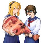  2girls black-framed_eyewear black_hairband blonde_hair blue_sailor_collar blue_skirt blush brown_hair commentary cowboy_shot food glasses gmeg011 hair_between_eyes hairband highres holding koishikawa_iko long_hair long_sleeves momijiyama_teru multiple_girls orange_eyes pleated_skirt sailor_collar scar scar_across_eyebrow scar_on_face shirt short_hair shy_(series) simple_background skirt smile symbol-only_commentary white_background white_shirt 