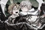  2boys ahoge america_(hetalia) axis_powers_hetalia black_gloves blonde_hair blood blood_on_clothes blood_on_face brown_jacket chain clenched_hand closed_eyes closed_mouth coat collared_coat collared_shirt cuffs floating_clothes fur-trimmed_jacket fur_trim glasses gloves green_necktie grey-framed_eyewear grey_hair grey_jacket gun hair_between_eyes hand_up handgun highres holding holding_chain holding_gun holding_weapon indoors jacket kiguchi05 lapels long_sleeves looking_at_another male_focus medal military military_jacket military_uniform multiple_boys necktie open_clothes open_jacket open_mouth puffy_long_sleeves puffy_sleeves purple_eyes russia_(hetalia) scarf semi-rimless_eyewear shirt short_hair smile teeth upper_body weapon white_coat white_scarf white_shirt 