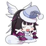  1girl black_hair chibi christmas closed_eyes columbina_(genshin_impact) dress genshin_impact gradient_hair grey_dress grey_hat hat head_wings highres holding holding_sack koka12312 meme multicolored_hair open_mouth padoru_(meme) pink_hair sack santa_costume santa_hat solo streaked_hair white_background white_mask wings 