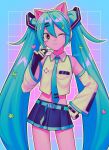  1girl ;3 absurdres animal_ear_headphones animal_ears bare_shoulders belt black_gloves black_skirt blue_belt blue_border blue_hair blue_necktie blue_trim blush_stickers border cat_ear_headphones cat_ears closed_mouth collared_shirt commentary_request contrapposto cowboy_shot crop_top cropped_shirt detached_sleeves double-parted_bangs fake_animal_ears faux_retro_artstyle flat_chest frilled_shirt frilled_shirt_collar frills gloves grid_background hair_between_eyes hair_ornament hand_on_own_hip hand_up hatsune_miku headphones headset heart heart_hair_ornament highres lightning_bolt_hair_ornament lightning_bolt_symbol long_hair looking_at_viewer menma_(enaic31) midriff miniskirt musical_note musical_note_hair_ornament necktie one_eye_closed outline outside_border pink_background pink_eyes pleated_skirt shirt signature simple_background skirt sleeveless sleeveless_shirt solo standing star_(symbol) star_hair_ornament straight-on tie_clip twintails two-tone_gloves very_long_hair vocaloid white_gloves white_outline white_shirt white_sleeves wide_sleeves 