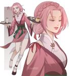  ! !! 1girl artist_name bandaged_leg bandages bike_shorts bracelet braid brown_background brown_shoes clothing_cutout commentary crown_braid double_bun earrings english_commentary eyelashes full_body gold_bracelet gradient_background green_eyes green_ribbon hair_bun hair_ribbon haruno_sakura highres holding holding_tray japanese_clothes jewelry kimono looking_at_viewer looking_down mandarin_collar multiple_views naruto_(series) obi official_alternate_costume official_alternate_hairstyle open_mouth parted_bangs pelvic_curtain pink_hair pink_kimono pink_trim rectangle red_ribbon ribbon sash shirt shirt_under_kimono shoes shorts shoulder_cutout stud_earrings surprised tassel tea_set teeth tenartistt tray tripping upper_body upper_teeth_only very_low_bun waist_ribbon white_background white_shirt white_shorts 