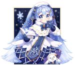  1girl 1other animal beret blue_bow blue_gloves blue_tabard blush book bow braid capelet closed_mouth commentary_request dress gloves gold_trim hair_between_eyes hair_ornament hat hatsune_miku holding holding_book index_finger_raised isakysaku long_hair long_sleeves musical_note musical_note_hair_ornament official_alternate_costume official_alternate_hairstyle rabbit rabbit_yukine smile snowflake_print snowflakes tabard twintails very_long_hair vocaloid white_capelet white_hat white_rabbit_(animal) yuki_miku yuki_miku_(2021) 