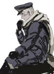  1boy axis_powers_hetalia black_boots black_gloves boots cup from_side gloves hair_between_eyes hand_up hat holding holding_cup jacket kiguchi05 long_sleeves looking_to_the_side male_focus military military_hat military_jacket military_uniform pants peaked_cap purple_eyes purple_hat purple_jacket purple_pants russia_(hetalia) scarf short_hair simple_background sitting solo soviet_army white_background white_hair white_scarf 