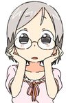  adjusting_eyewear blush glasses grey_eyes grey_hair hands_on_own_cheeks hands_on_own_face ichigo_mashimaro open_mouth sakuragi_matsuri short_hair solo takken_(kupipo) 