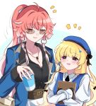  2girls absurdres black_gloves black_shirt blonde_hair blue_eyes blue_hat blue_jacket blush book braid breasts bright_pupils brown-tinted_eyewear changli_(wuthering_waves) cleavage collarbone commentary cup disposable_cup gloves hair_extensions hat height_difference highres holding holding_book holding_cup jacket jewelry large_breasts long_hair long_sleeves looking_at_another multicolored_hair multiple_girls necklace notice_lines official_alternate_costume phoebe_(wuthering_waves) pink_hair ring_hair_extensions shirt simple_background smile sunglasses tinted_eyewear twin_braids two-tone_hair white_hair white_pupils wuthering_waves yellow_eyes zevi_(zevi_ii) 