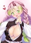  1girl blush braid breasts center_opening demon_slayer_uniform green_eyes green_hair haruse_meio heart kanroji_mitsuri kimetsu_no_yaiba large_breasts long_hair looking_at_viewer mark_under_both_eyes multicolored_hair open_mouth own_hands_together pink_hair smile solo twin_braids two-tone_hair upper_body 