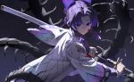  1girl absurdres animal_print belt black_background black_jacket black_pants blood blood_on_clothes blood_on_face bug butterfly_hair_ornament butterfly_print butterfly_print_haori centipede chinese_commentary closed_mouth commentary_request demon_slayer_uniform hair_ornament haori highres holding holding_sheath holding_sword holding_weapon jacket japanese_clothes kimetsu_no_yaiba kochou_shinobu looking_at_viewer no_pupils pants parted_bangs print_haori purple_eyes purple_hair sheath shortofsugar sidelocks solo sword unsheathing upper_body weapon white_belt 
