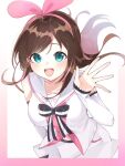  1girl bare_shoulders black_bow blue_eyes blush bow breasts brown_hair commentary_request cowboy_shot detached_sleeves ekakimii hairband hand_up highres kizuna_ai kizuna_ai_(1st_costume) kizuna_ai_inc. long_hair long_sleeves looking_at_viewer medium_breasts multicolored_hair open_mouth pink_hairband pink_streaks sailor_collar shirt smile solo streaked_hair swept_bangs virtual_youtuber white_sailor_collar white_shirt 