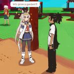  1girl 2boys ahoge animal_ears black_hair blue_eyes blush bow character_request cloud_hair derivative_work ear_bow ear_covers ear_ornament gear_fifth grey_hair grey_tail hair_between_eyes hair_ornament hairband hat highres horse_ears horse_girl horse_tail long_hair long_sleeves monkey_d._luffy multicolored_hair multiple_boys oguri_cap_(starlight_beat)_(umamusume) oguri_cap_(umamusume) one_piece open_clothes pantyhose red_shirt riddledout roblox sailor_collar sailor_shirt scar scar_on_chest scar_on_face school_uniform screenshot_redraw shirt short_hair shorts skirt straw_hat straw_hat_pirates tail umamusume 