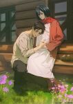  1boy 1girl absurdres black_hair black_pants blue_eyes blush boots brown_boots brown_cardigan brown_hair cabin cardigan couple dress english_commentary eren_yeager flower full_body grass grey_eyes grey_shirt hair_between_eyes hand_on_another's_stomach head_on_another's_stomach hetero highres long_sleeves mikasa_ackerman niku_(ni23ku) on_one_knee open_cardigan open_clothes outdoors pants parted_lips pink_flower pregnant red_scarf scarf shingeki_no_kyojin shirt short_hair sitting sleeves_past_wrists white_dress 