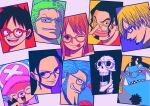  2girls 6+boys ^_^ black_hair blonde_hair blue_skin brook_(one_piece) closed_eyes colored_skin commentary cross facial_hair franky_(one_piece) glasses goatee green_hair hat highres jinbe_(one_piece) long_hair long_nose monkey_d._luffy multiple_boys multiple_girls mustache nacc_zkzk79 nami_(one_piece) nico_robin one_eye_closed one_piece roronoa_zoro sanji_(one_piece) scar scar_on_face short_hair sideburns sidelocks skeleton straw_hat_pirates tongue tongue_out tony_tony_chopper tusks usopp 